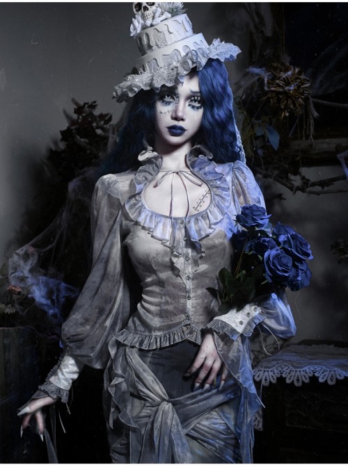 Zombie Bride Series Gothic Punk Gray Chiffon Tie Dyed European Style Ruff Collar Lantern Sleeves Shirt