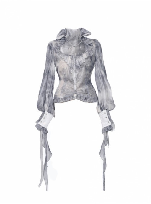 Zombie Bride Series Gothic Punk Gray Chiffon Tie Dyed European Style Ruff Collar Lantern Sleeves Shirt