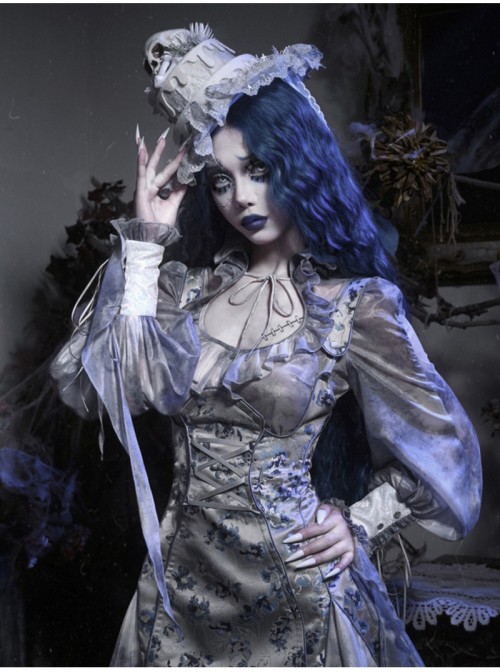 Zombie Bride Series Gothic Punk Gray Chiffon Tie Dyed European Style Ruff Collar Lantern Sleeves Shirt