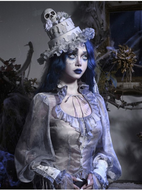 Zombie Bride Series Gothic Punk Gray Chiffon Tie Dyed European Style Ruff Collar Lantern Sleeves Shirt