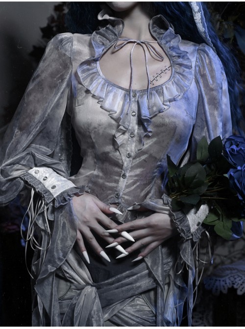 Zombie Bride Series Gothic Punk Gray Chiffon Tie Dyed European Style Ruff Collar Lantern Sleeves Shirt