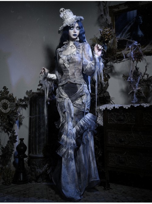 Zombie Bride Series Gothic Punk Gray Chiffon Tie Dyed European Style Ruff Collar Lantern Sleeves Shirt