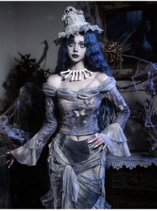 Zombie Bride Series Gothic Punk Gray Chiffon Butterfly European Ripped Off Shoulder Collar Bottoming Top