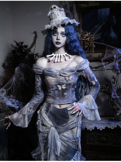 Zombie Bride Series Gothic Punk Gray Chiffon Butterfly European Ripped Off Shoulder Collar Bottoming Top