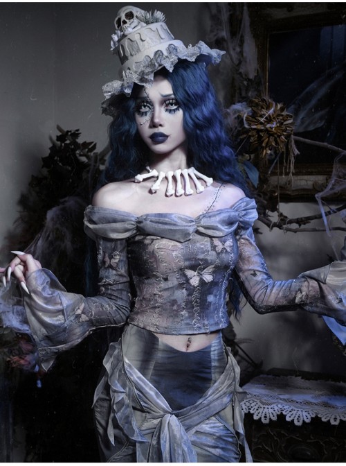 Zombie Bride Series Gothic Punk Gray Chiffon Butterfly European Ripped Off Shoulder Collar Bottoming Top