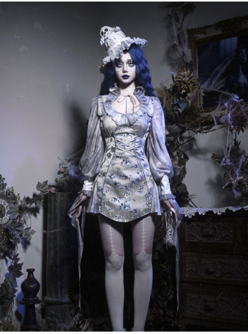 Zombie Bride Series Gothic Punk Gray Jacquard Satin Gloss Short Suspender Slim Suspender Dress