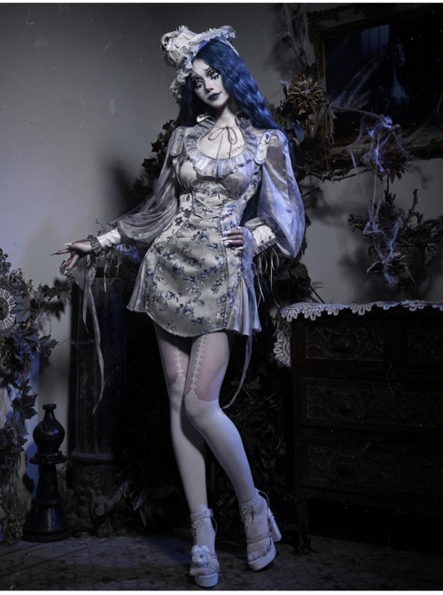 Zombie Bride Series Gothic Punk Gray Jacquard Satin Gloss Short Suspender Slim Suspender Dress