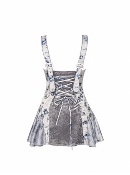 Zombie Bride Series Gothic Punk Gray Jacquard Satin Gloss Short Suspender Slim Suspender Dress