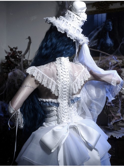 Zombie Bride Series Gothic Punk White Lace Creative Spine European Lace Chiffon Bowknot Tail Waistcoat Top