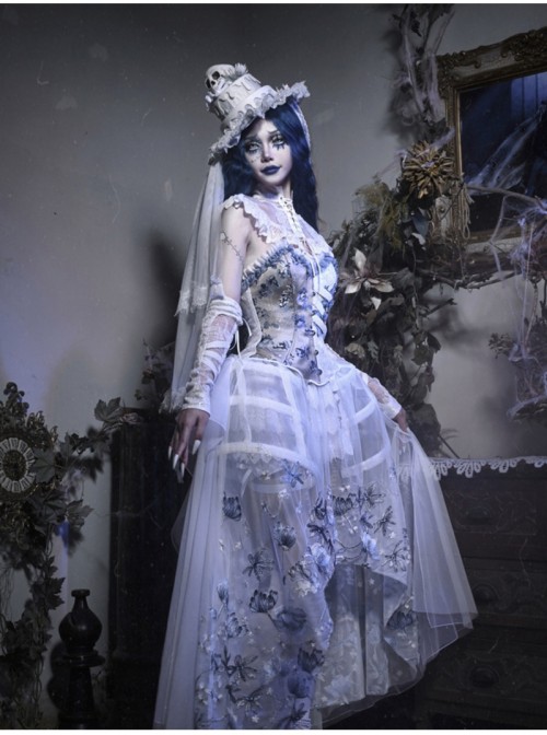 Zombie Bride Series Gothic Punk White Lace Creative Spine European Lace Chiffon Bowknot Tail Waistcoat Top