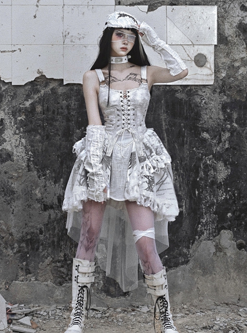 Madhouse Series Stylish White Distressed Suede Subculture Strappy Gothic Punk Print Suspender Dress