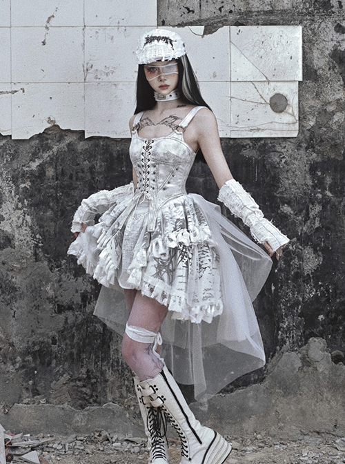 Madhouse Series Stylish White Distressed Suede Subculture Strappy Gothic Punk Print Suspender Dress