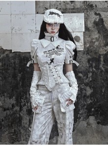 Madhouse Series Stylish Y2K White 3D Cotton Subculture Turtleneck Gothic Punk Shirt Printed Short Top