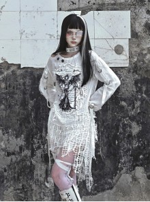 Madhouse Series White Cotton Gothic Punk Subculture Bondage Angel Straitjacket Printed Pullover Sweatshirt