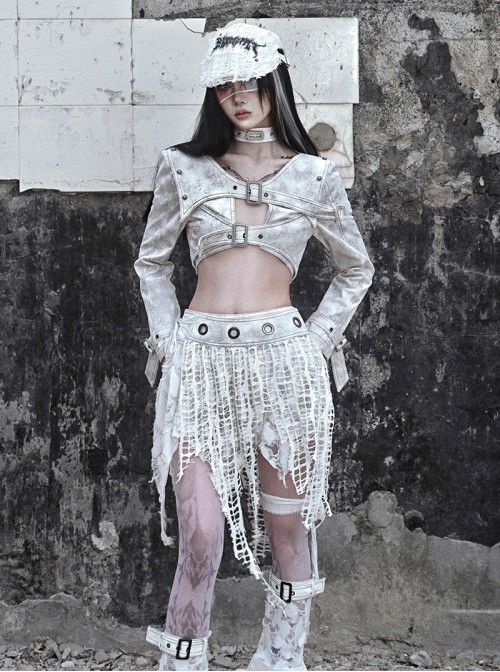 Madhouse Series White Subculture Y2K Distressed Suede Knitted Tassel Ripped Niche Gothic Punk Skirt