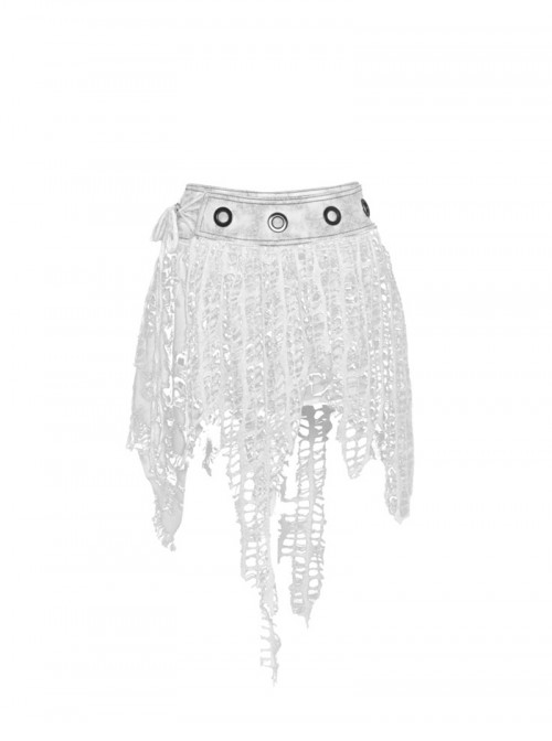 Madhouse Series White Subculture Y2K Distressed Suede Knitted Tassel Ripped Niche Gothic Punk Skirt