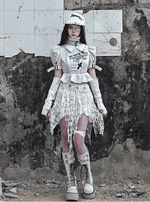 Madhouse Series White Subculture Y2K Distressed Suede Knitted Tassel Ripped Niche Gothic Punk Skirt