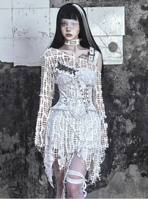 Madhouse Series Subculture White Gothic Punk Suede Ripped Asymmetric Fishbone Corset Waistband