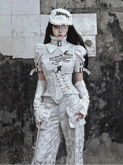 Madhouse Series Subculture White Gothic Punk Suede Ripped Asymmetric Fishbone Corset Waistband