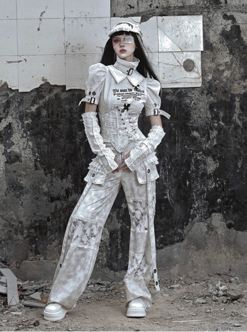 Madhouse Series Subculture White Gothic Punk Suede Ripped Asymmetric Fishbone Corset Waistband