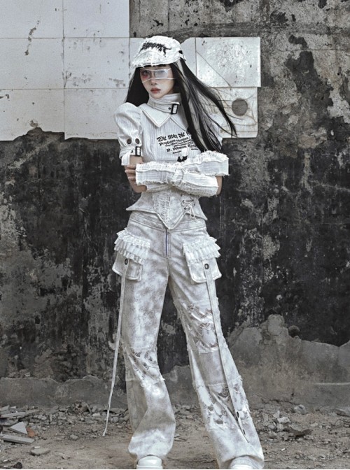 Madhouse Series Subculture Handsome White Gothic Punk Suede Fake Two Piece Straight Leg Trousers