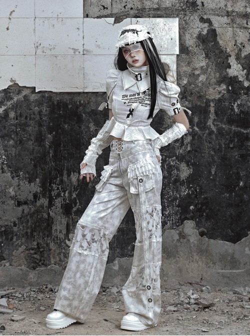 Madhouse Series Subculture Handsome White Gothic Punk Suede Fake Two Piece Straight Leg Trousers