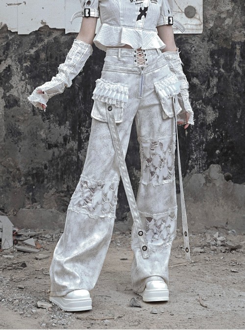 Madhouse Series Subculture Handsome White Gothic Punk Suede Fake Two Piece Straight Leg Trousers