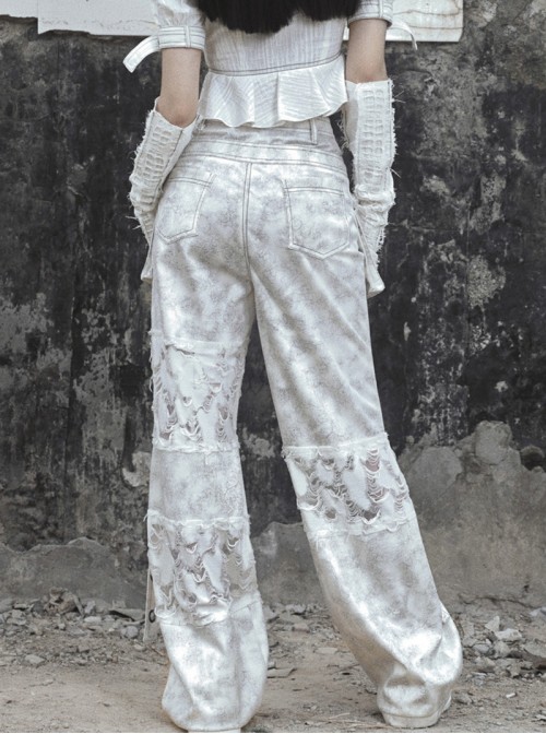 Madhouse Series Subculture Handsome White Gothic Punk Suede Fake Two Piece Straight Leg Trousers