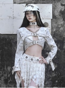 Madhouse Series White Distressed Suede Subculture Gothic Punk Niche Shoulder Pad Sexy Short Jacket