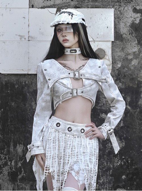 Madhouse Series White Distressed Suede Subculture Gothic Punk Niche Shoulder Pad Sexy Short Jacket