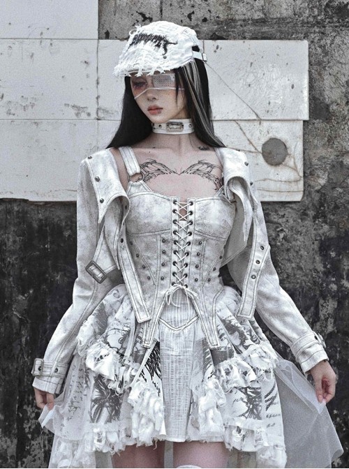 Madhouse Series White Distressed Suede Subculture Gothic Punk Niche Shoulder Pad Sexy Short Jacket