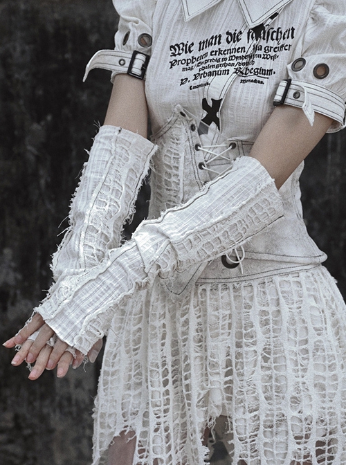 Madhouse Series White Pleated Knitted Ripped Cotton Linen Niche Subculture Gothic Punk Sleeve Gloves