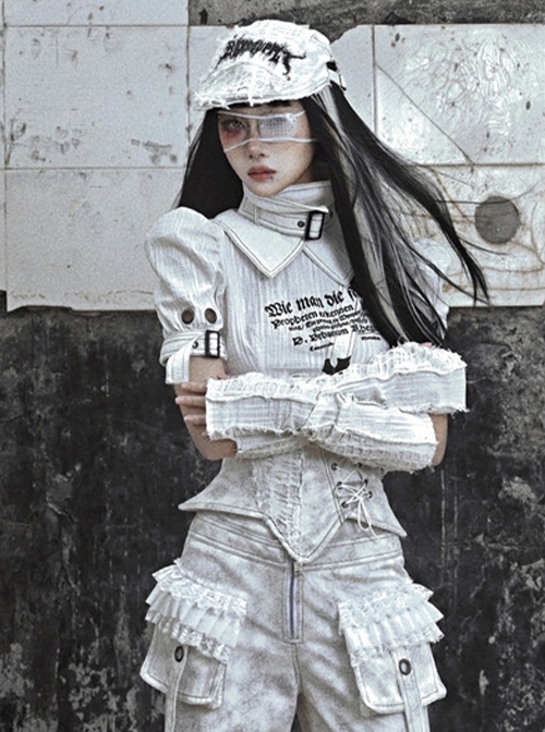 Madhouse Series White Pleated Knitted Ripped Cotton Linen Niche Subculture Gothic Punk Sleeve Gloves