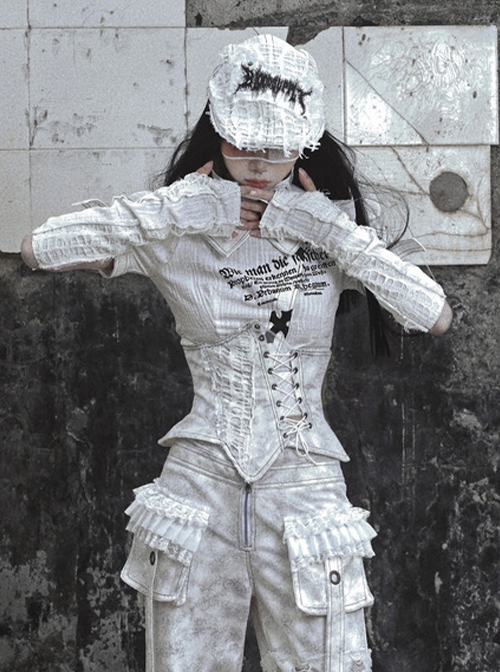 Madhouse Series White Pleated Knitted Ripped Cotton Linen Niche Subculture Gothic Punk Sleeve Gloves