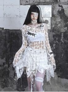 Madhouse Series Versatile White Subculture Knitted Ripped Gothic Punk Niche Stretch Bottoming Shirt