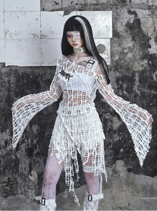 Madhouse Series Versatile White Subculture Knitted Ripped Gothic Punk Niche Stretch Bottoming Shirt