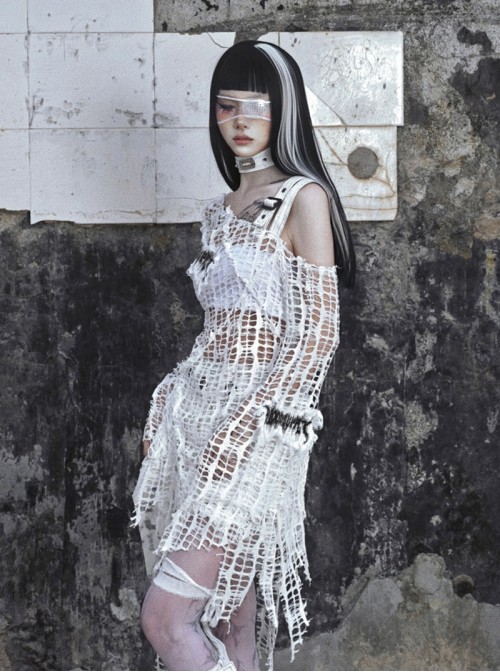 Madhouse Series Versatile White Subculture Knitted Ripped Gothic Punk Niche Stretch Bottoming Shirt