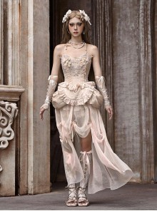 Broken Ballet Series Exquisite Champagne European Rococo Classic Lolita Gold Thread Fishbone Corset Chiffon Hem Set