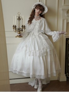 Treasure Series Pure White Wedding Classic Lolita Dreamy Lace Beautiful Underskirt Bowknot Necklace Bonnet Dress Set