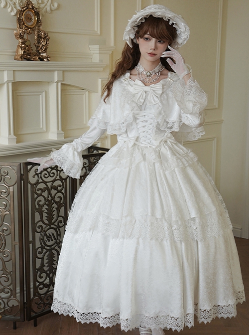 Treasure Series Pure White Wedding Classic Lolita Dreamy Lace Beautiful Underskirt Bowknot Necklace Bonnet Dress Set