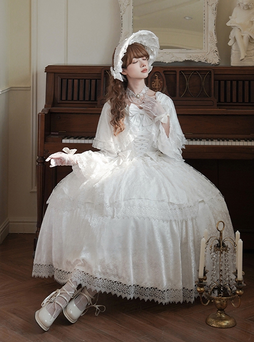 Treasure Series Pure White Wedding Classic Lolita Dreamy Lace Beautiful Underskirt Bowknot Necklace Bonnet Dress Set