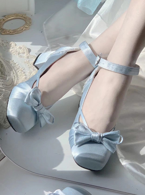 Throb Ballet Series Classic Lolita Square Toe Elegant Middle Heel Satin Straps Bowknot Mary Janes Shoes