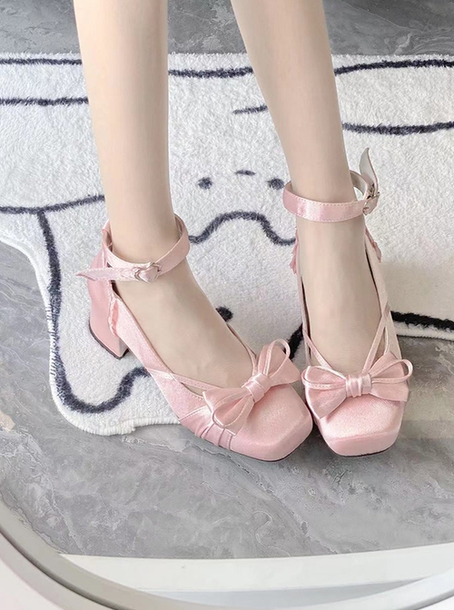 Throb Ballet Series Classic Lolita Square Toe Elegant Middle Heel Satin Straps Bowknot Mary Janes Shoes