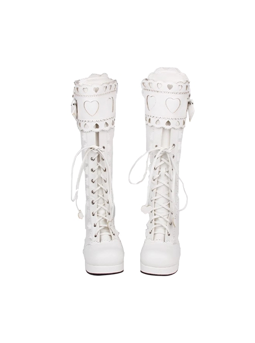 Princess Cute Lace Trim Bowknot PU Leather Sweet Lolita Classic High Heel High Tube Boots