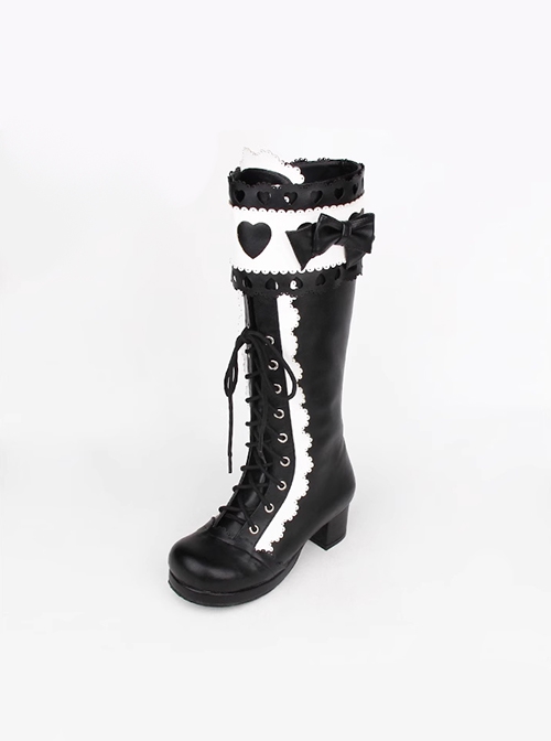 Princess Cute Lace Trim Bowknot PU Leather Sweet Lolita Classic High Heel High Tube Boots