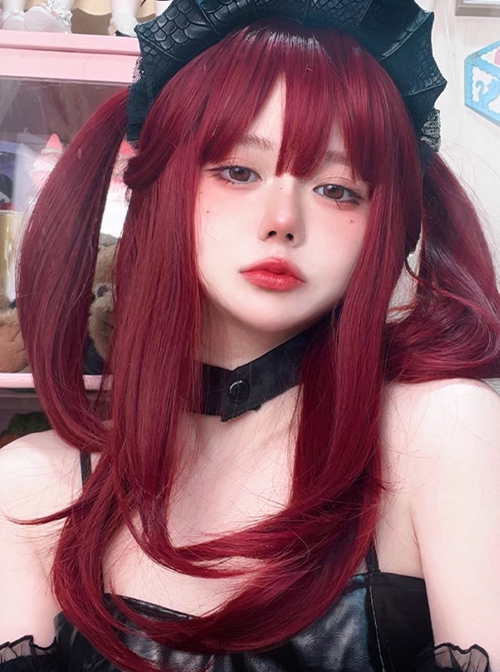 Little Cherry Series Sweet Lolita Cool Jirai Kei Cherry Red Layered Medium Hair Y2K Wig