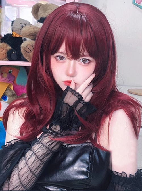 Little Cherry Series Sweet Lolita Cool Jirai Kei Cherry Red Layered Medium Hair Y2K Wig