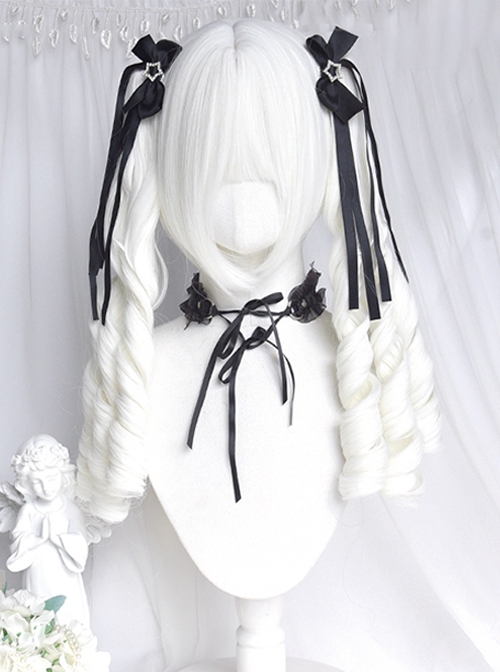 Abandoned Rabbit Series Elegant Gothic Lolita Creamy White Long Roman Curls Twin Ponytail Wig