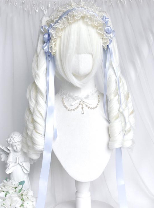 Abandoned Rabbit Series Elegant Gothic Lolita Creamy White Long Roman Curls Twin Ponytail Wig