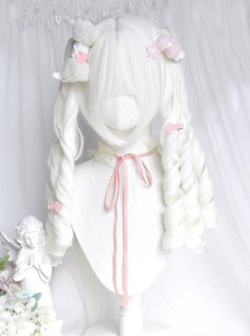 Abandoned Rabbit Series Elegant Gothic Lolita Creamy White Long Roman Curls Twin Ponytail Wig